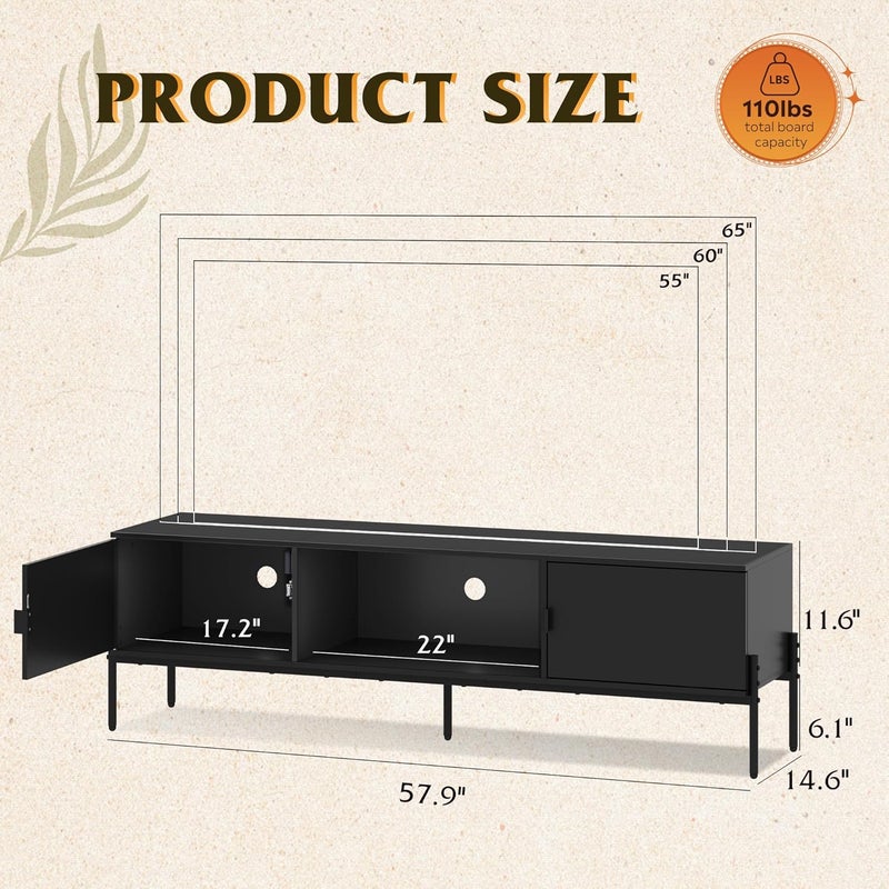Wlive TV Stand for 65 Inch TV, Mid Century Modern Entainment Center with 2 Storage Cabinets & Open Shelf, TV Console Table Media with Metal Legs for Living Room, Bedroom, Black - Image 3